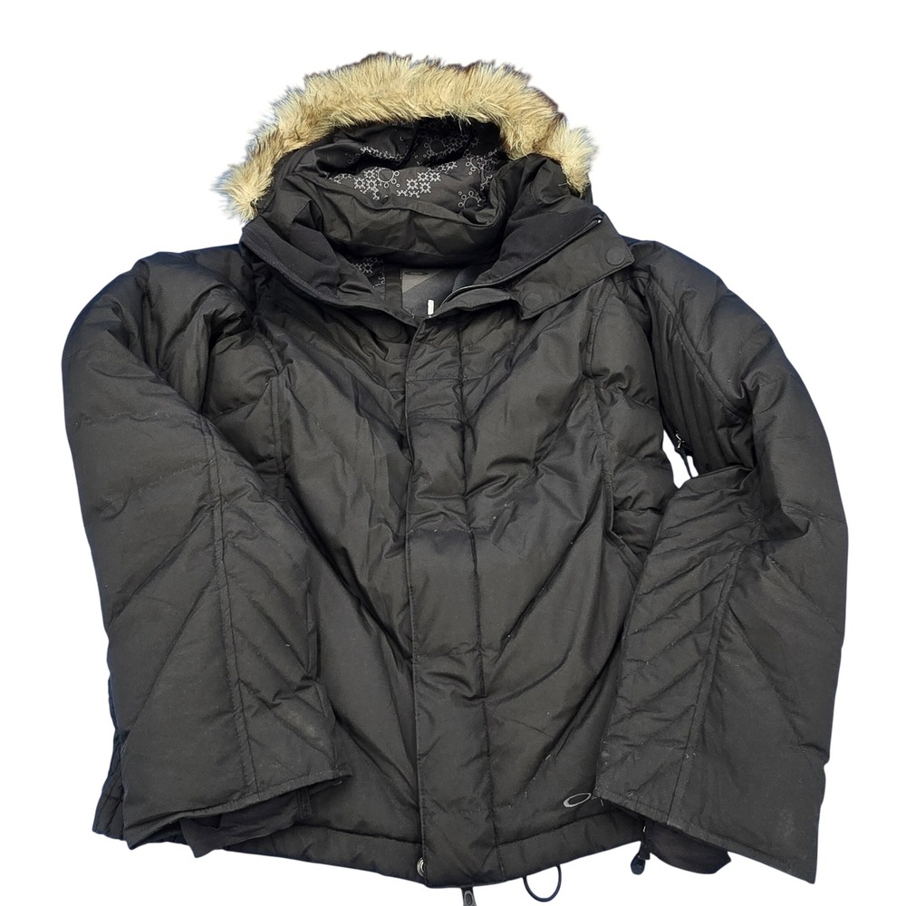 Oakley Black Down Puffer‎ Jacket L Winter Snow Ski Faux Fur Hood 80% Down